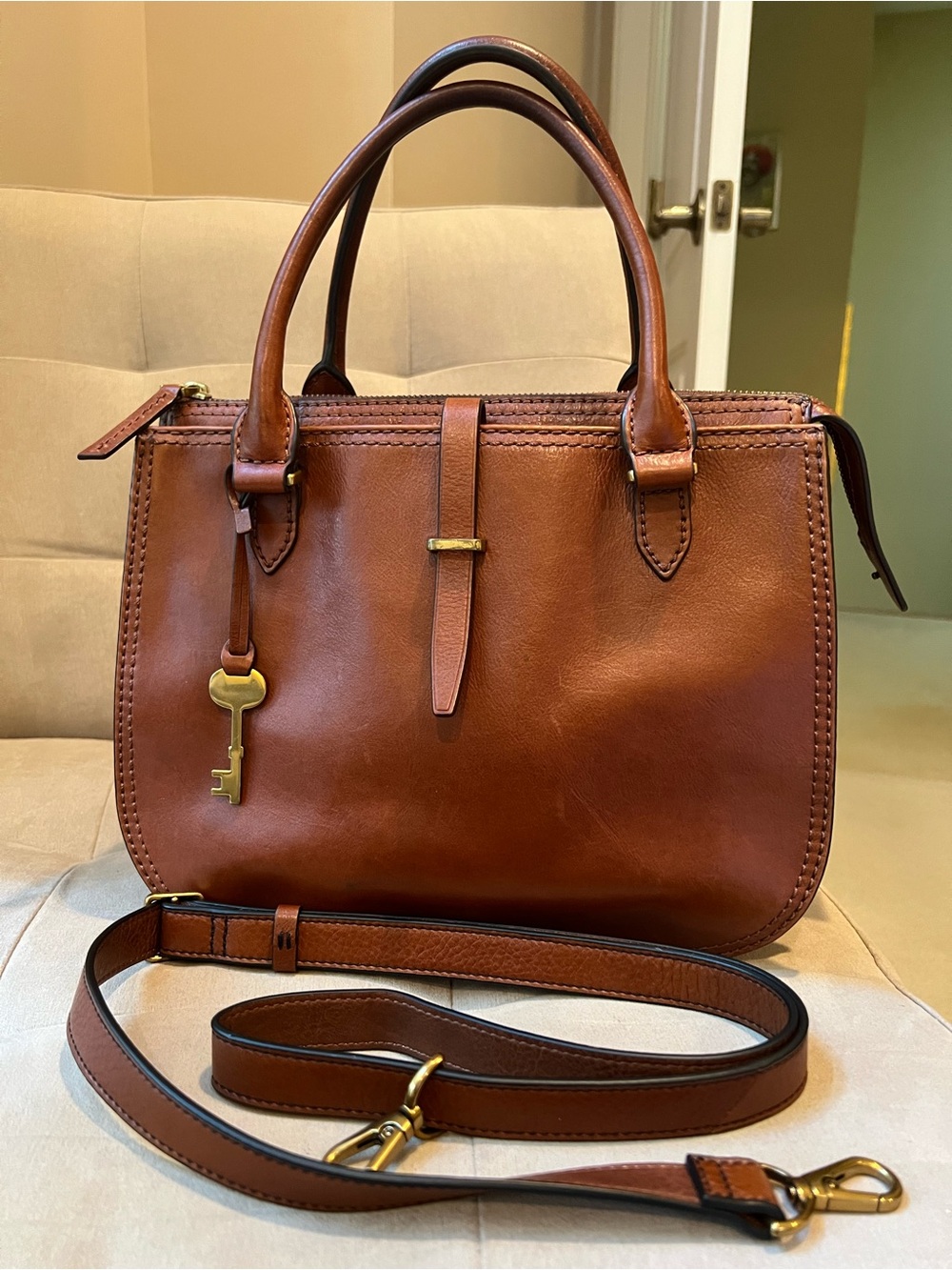 Fossil Ryder Cognac Brown Glazed Leather Triple
Compartment Satchel Crossbody